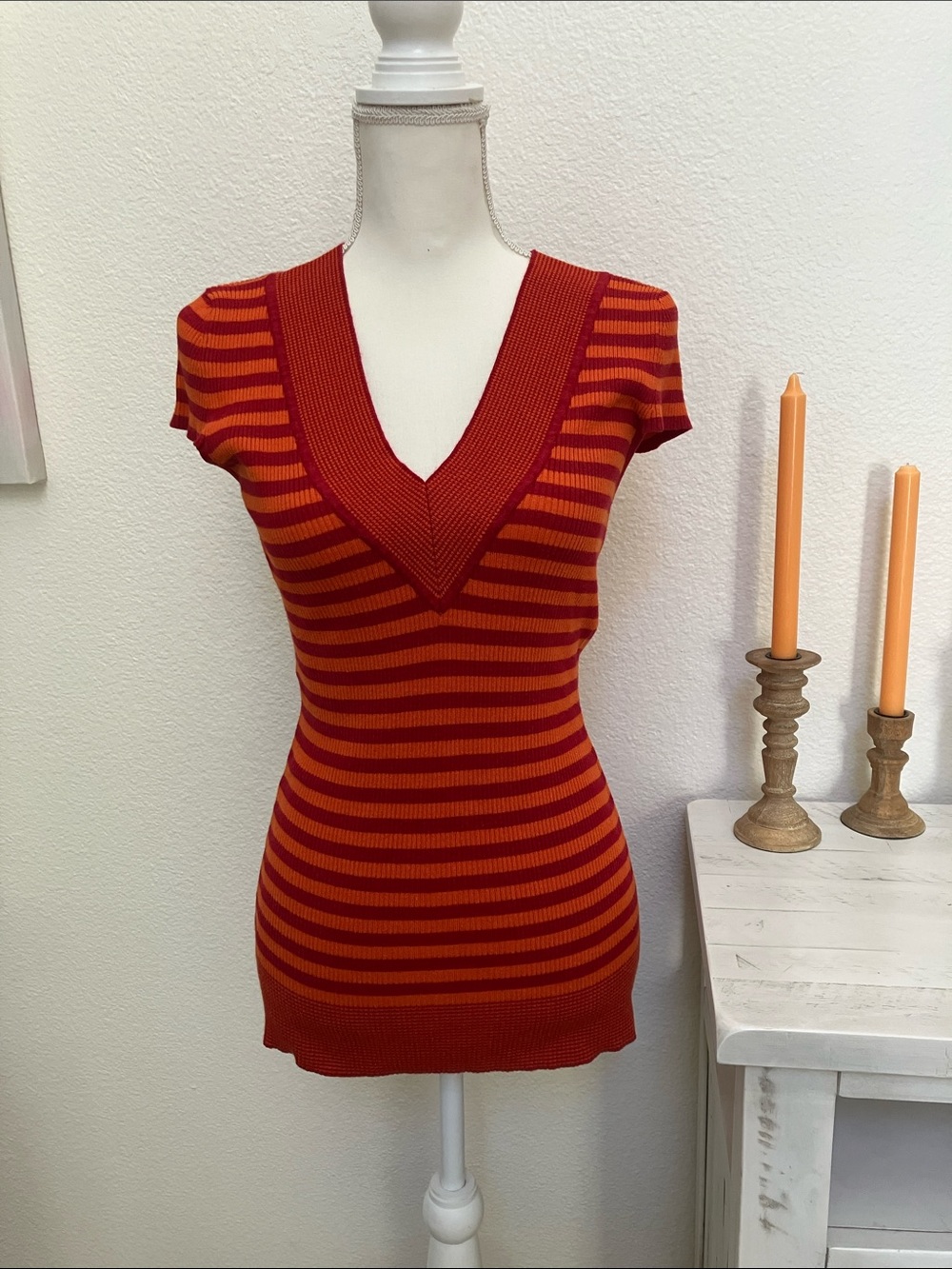 Y2k Rue21 Red and Orange Striped V-Neck Short Sleeve Blouse
